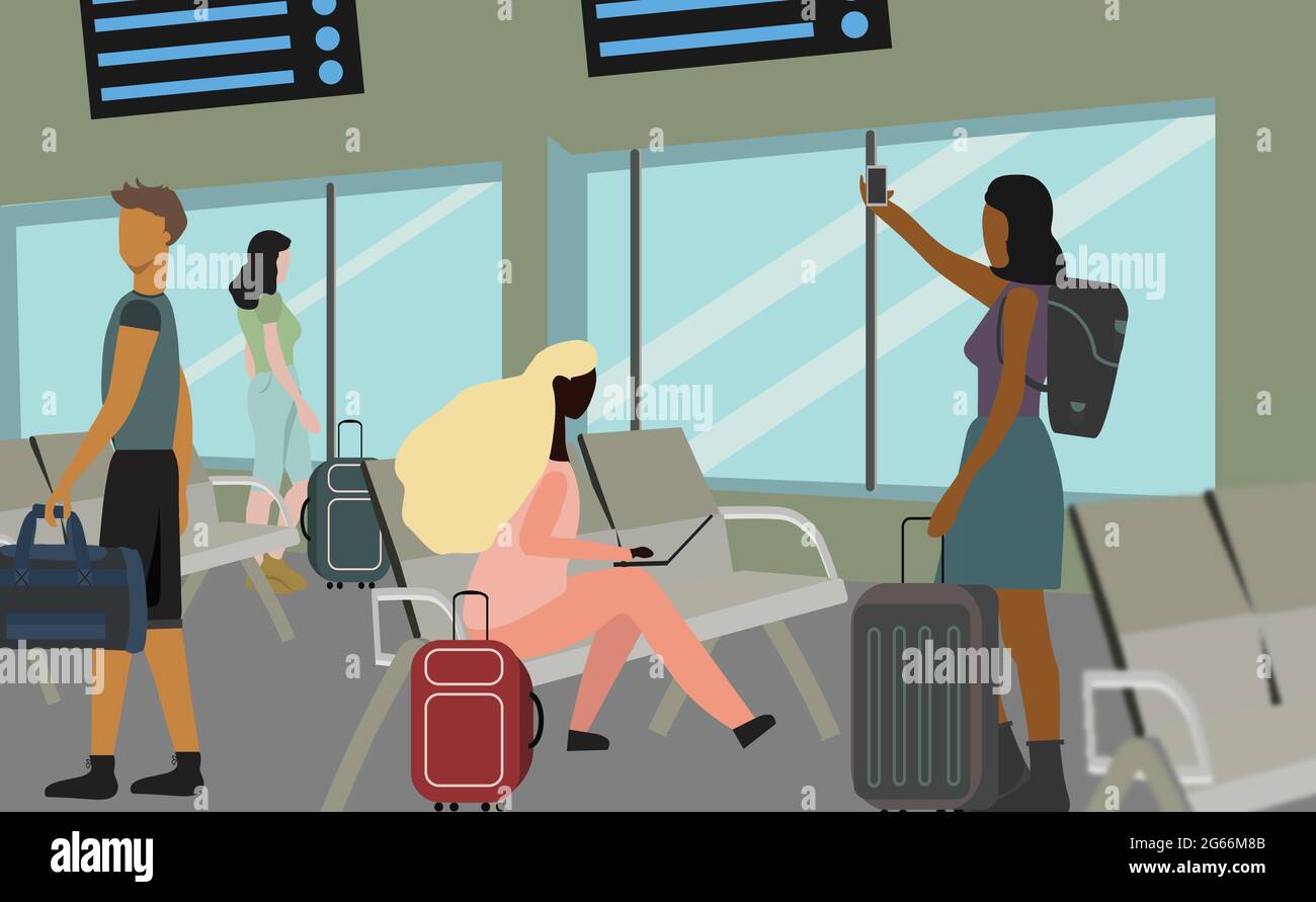Donna afro africana giovane viaggiatore freelance con tecnologia portatile seduto nella lobby dell'aeroporto o stazione ferroviaria terminal passeggeri. Illustrazione Vettoriale