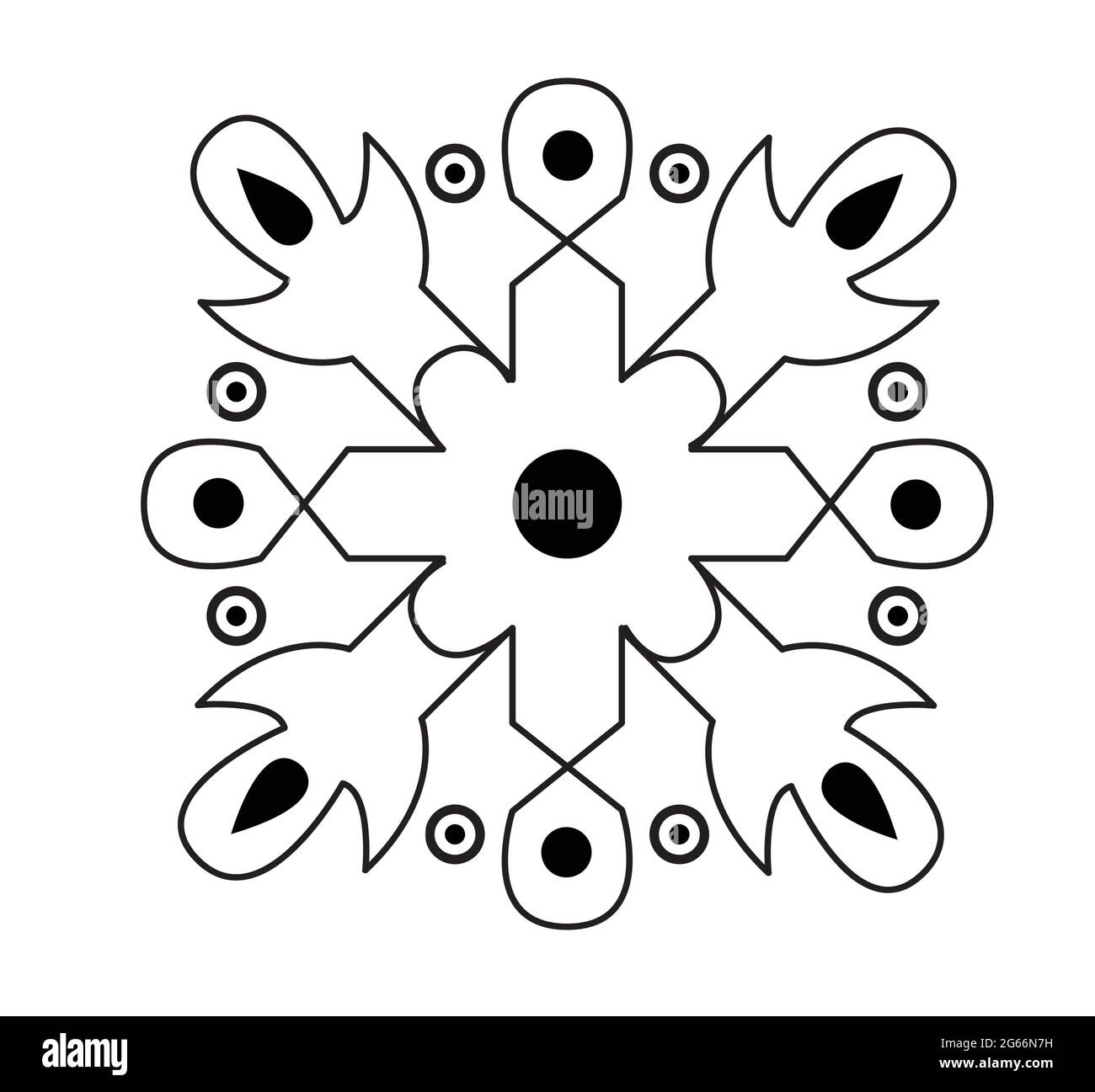 Rangoli tradizionale e culturale indiano design concetto di linee curve e punti isolati su sfondo bianco e nero Illustrazione Vettoriale