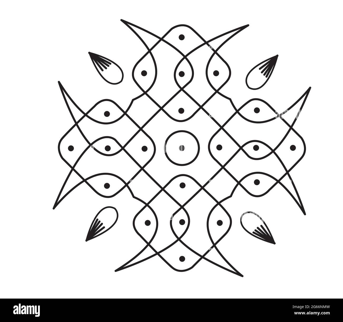Rangoli tradizionale e culturale indiano design concetto di linee curve e punti isolati su sfondo bianco e nero Illustrazione Vettoriale