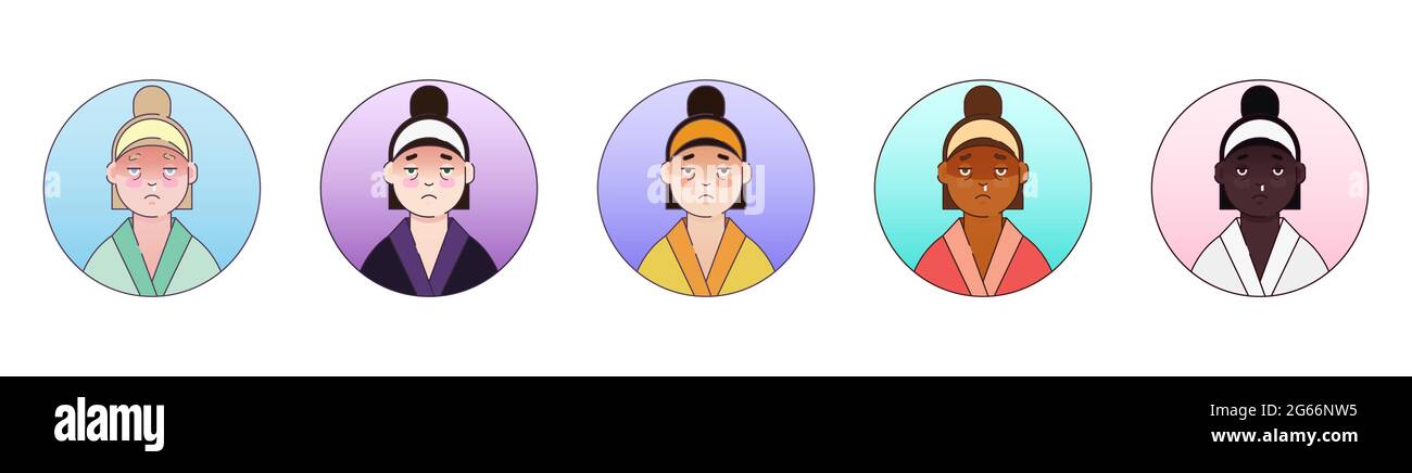 Donne paziente avatar con naso che cola - serie vettoriale di ritratti di diversità. Donne malate con un freddo - facce piatte in cornice rotonda Illustrazione Vettoriale