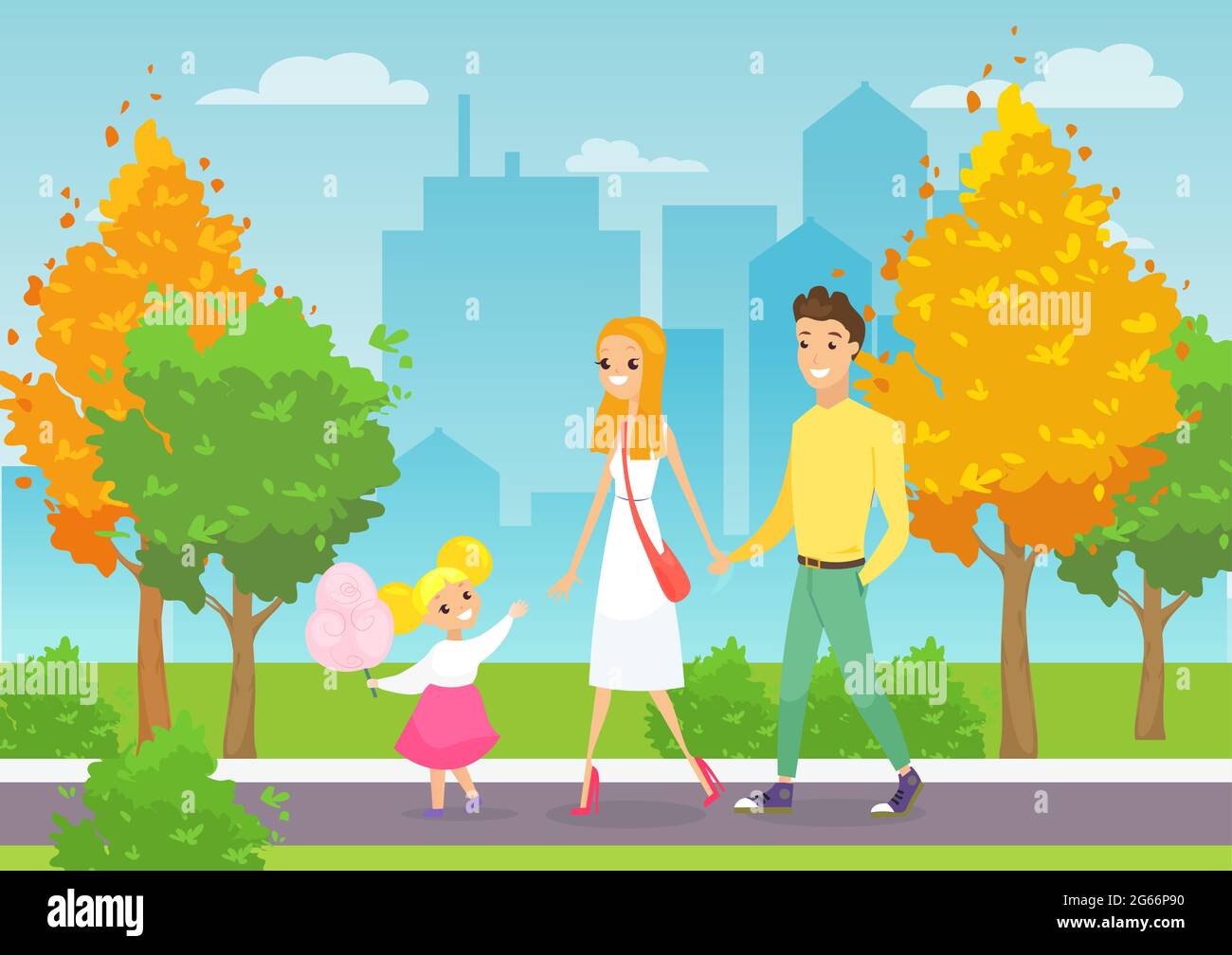 Illustrazione vettoriale di una giovane famiglia che cammina con il bambino nel parco cittadino. Felici e sorridenti genitori con figli cartoni animati nel parco con Illustrazione Vettoriale