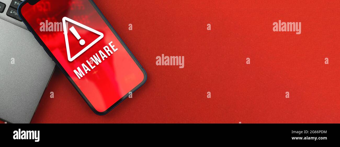 Banner software malware sullo schermo dello smartphone, spazio di copia Foto Stock