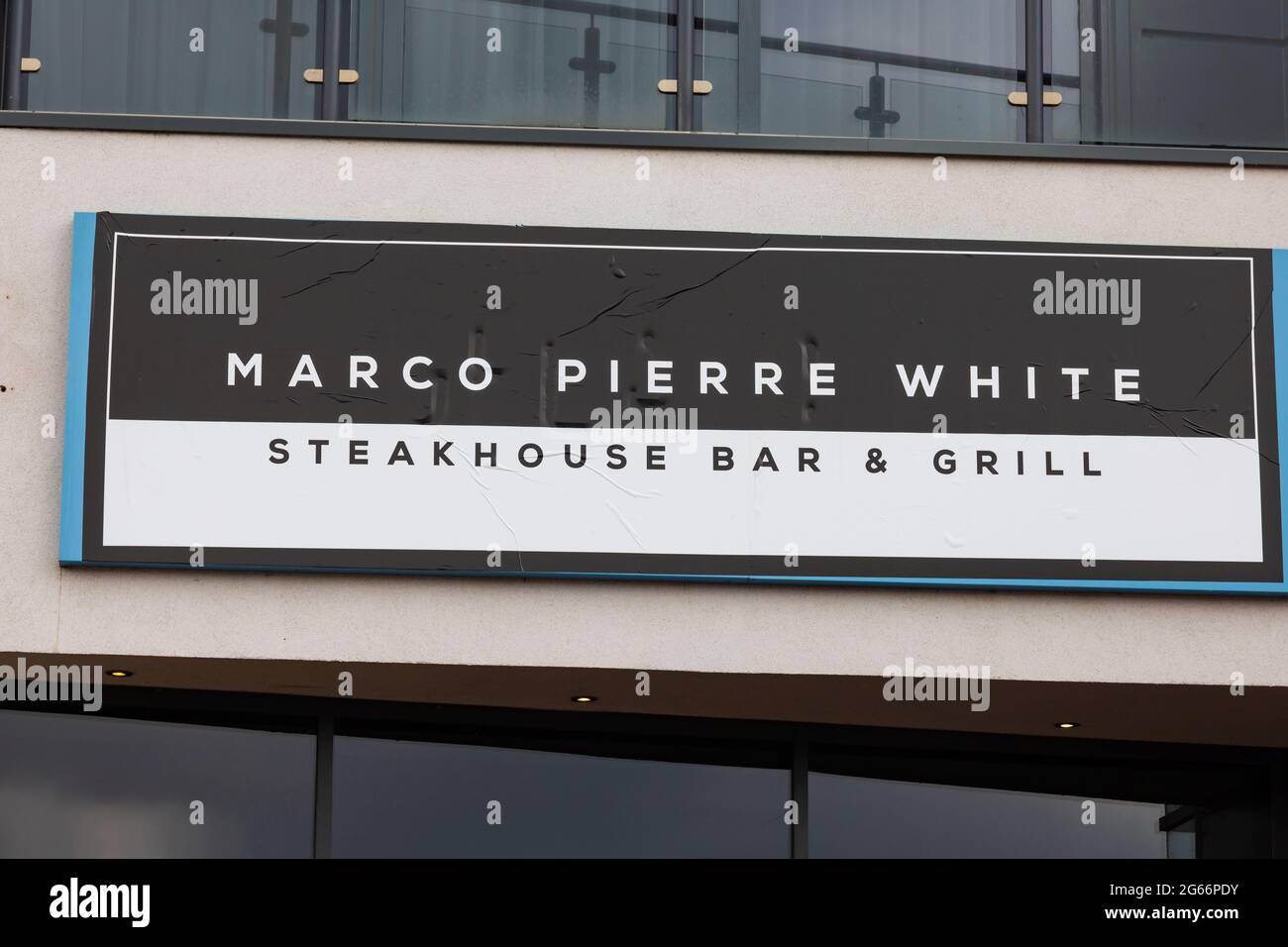Cartello Marco Pierre White Steakhouse Bar & Grill. Brayford Pool, Lincoln, Lincolnshire, Inghilterra Foto Stock