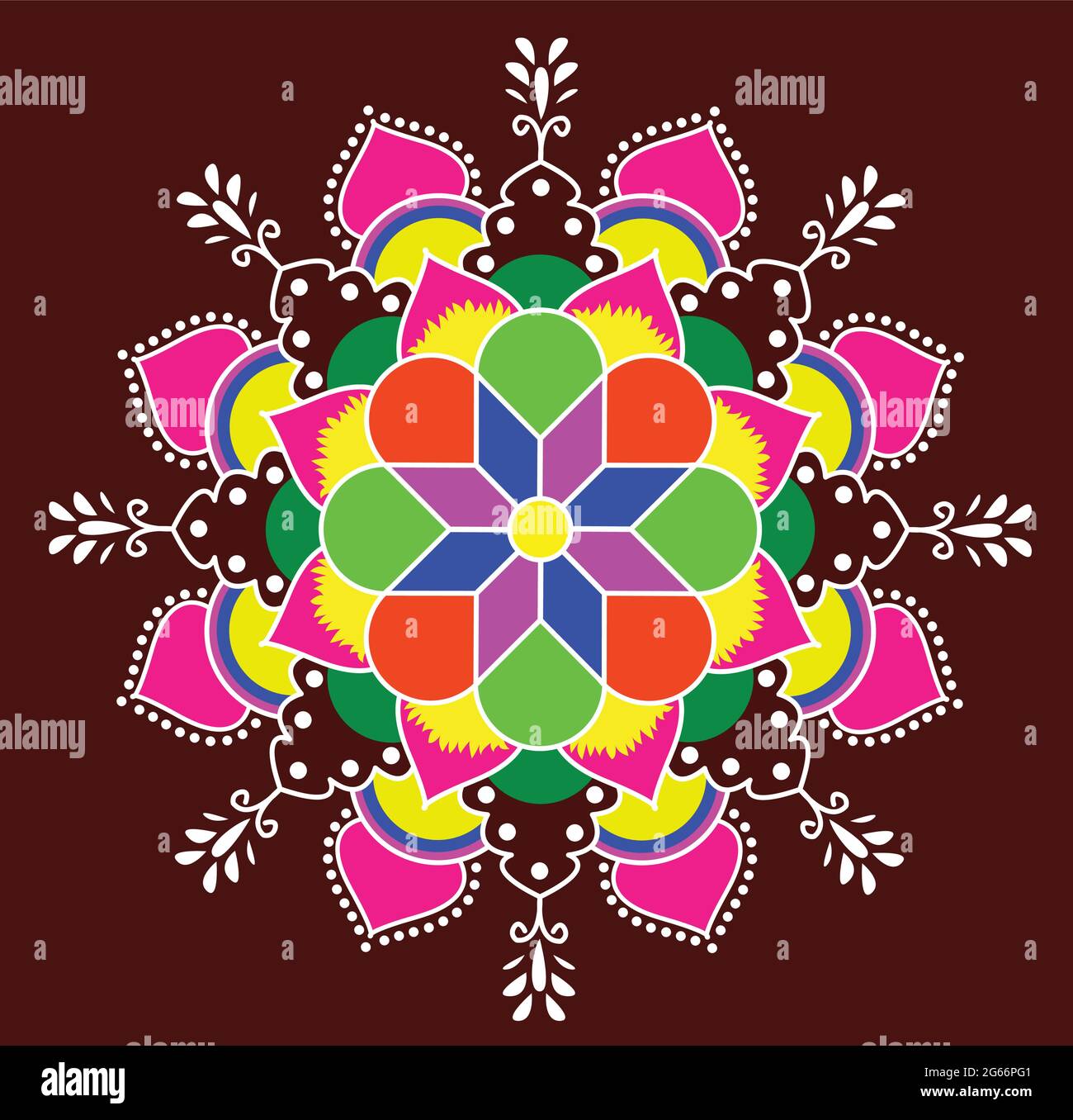 Colorato design mandala Rangoli concetto di linea floreale arte isolato su sfondo scuro Illustrazione Vettoriale