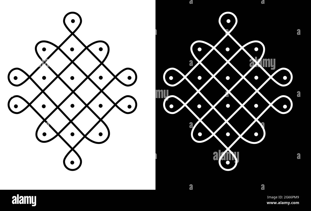 Rangoli tradizionale e culturale indiano o Kolam design concetto di linee curve e punti isolati su sfondo bianco e nero Illustrazione Vettoriale