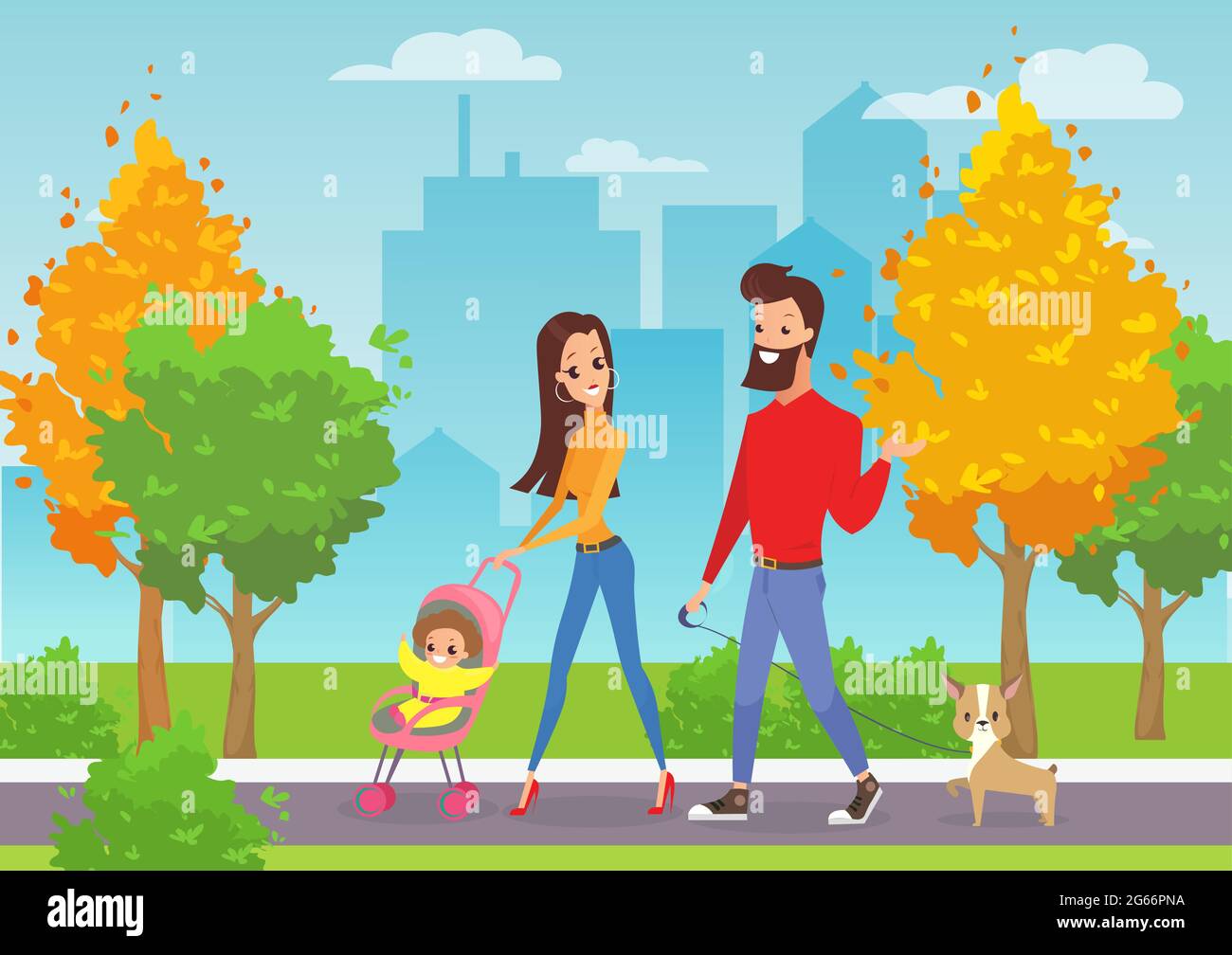 Illustrazione vettoriale di felice giovane famiglia con bambini che camminano nel parco della città all'aperto con sfondo urbano moderno in stile piatto cartoon. Illustrazione Vettoriale