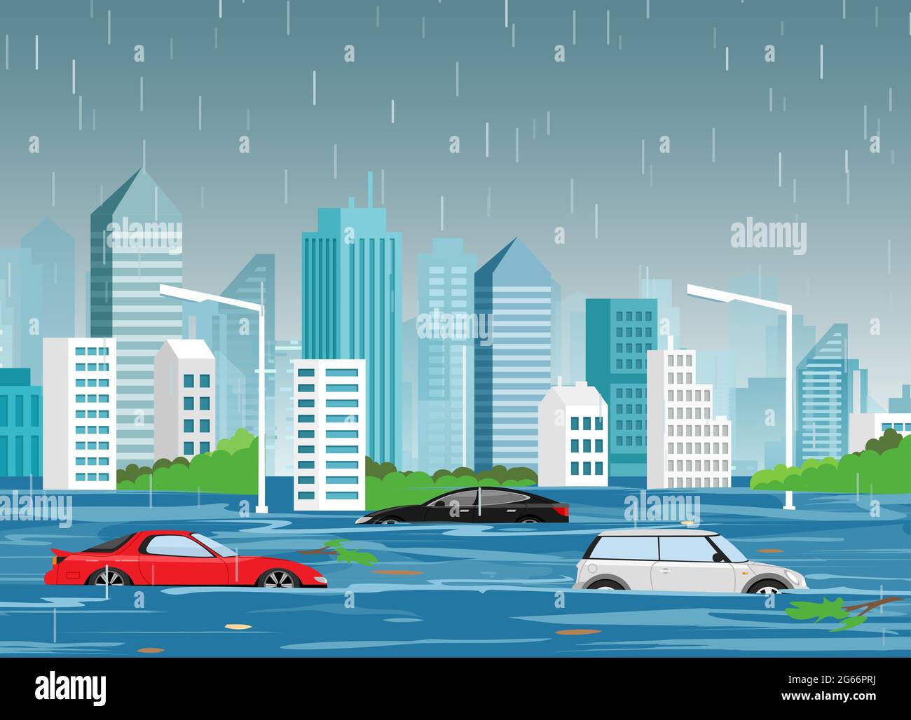 Illustrazione vettoriale del disastro naturale alluvionale nella città moderna cartoon con grattacieli e automobili in acqua. Tempesta in città, sfondo paesaggistico per Illustrazione Vettoriale
