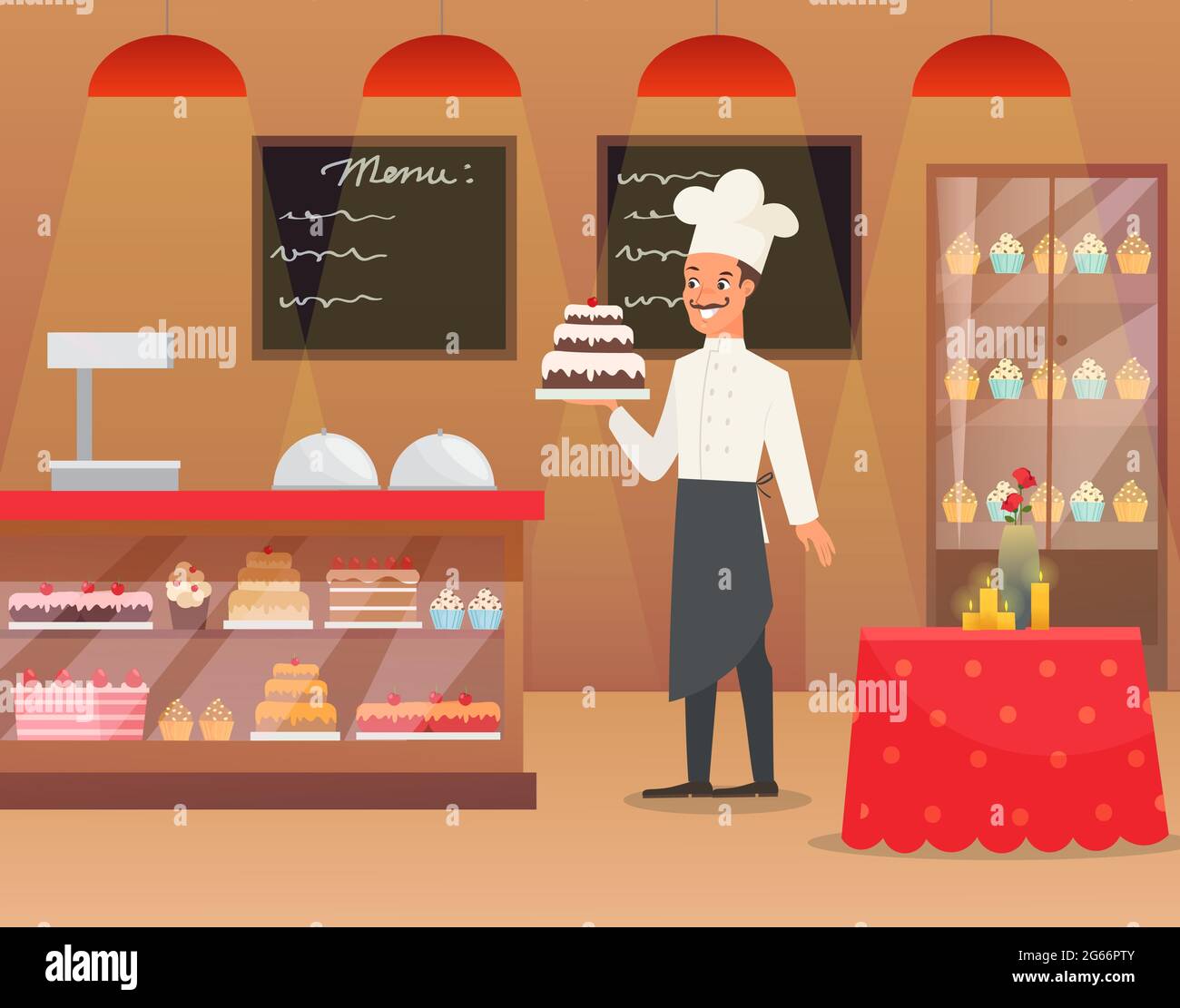Illustrazione vettoriale un interno di panetteria con uomo Baker Chef carattere tenendo la torta. Uomo in uniforme, chef in cappello bianco in caffetteria, ristorante Illustrazione Vettoriale