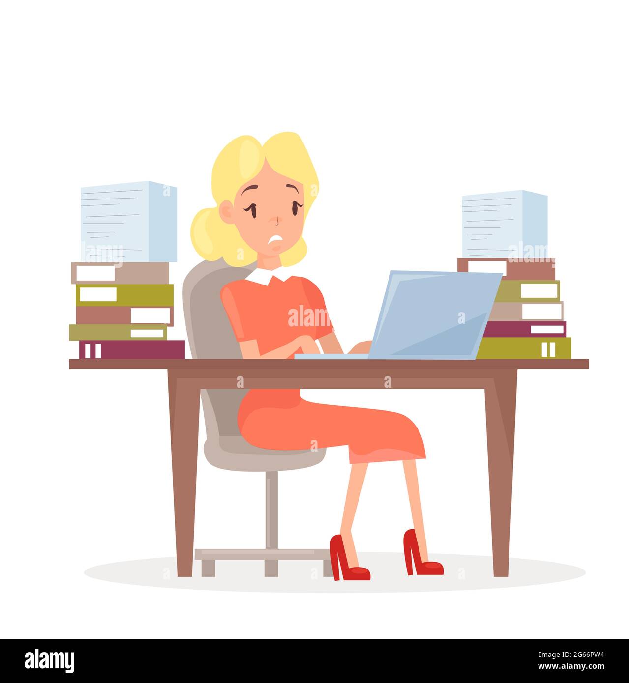 Illustrazione vettoriale di una donna che lavora alla scrivania con un computer portatile e un sacco di documenti. Donna in ufficio in stress. Manager stanco e al lavoro Illustrazione Vettoriale