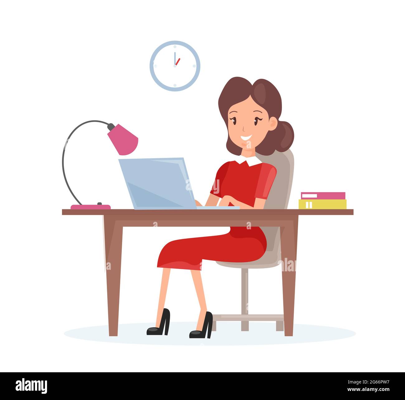 Concetto di illustrazione vettoriale della donna d'affari. Happy woman sta lavorando sul computer portatile alla scrivania in stile piano cartoon. Illustrazione Vettoriale