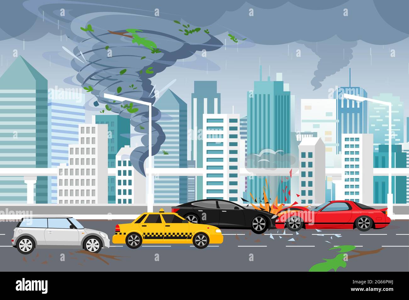 Illustrazione vettoriale del tornado vorticoso e dell'alluvione, tempesta di tuoni nella grande città moderna con grattacieli. Uragano in città, incidente d'auto, concetto di pericolo in Illustrazione Vettoriale