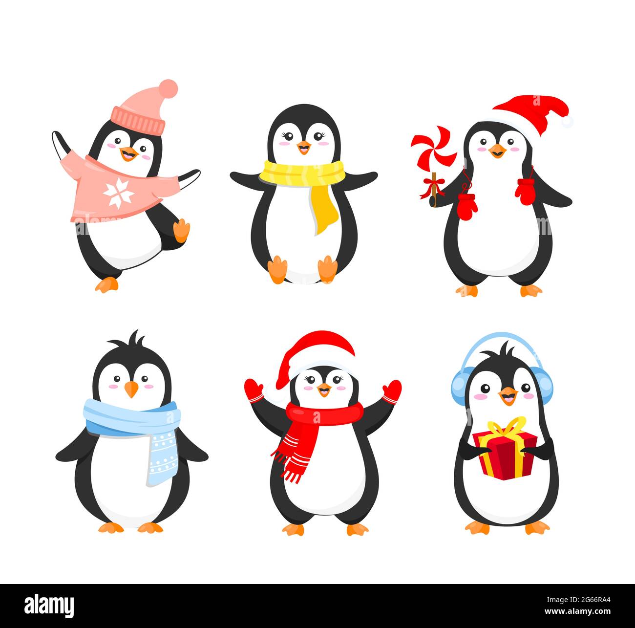 Illustrazione vettoriale insieme di simpatici pinguini di Natale in abiti caldi. Carino collezione di pinguini per vacanze invernali biglietti d'auguri design in cartone animato Illustrazione Vettoriale