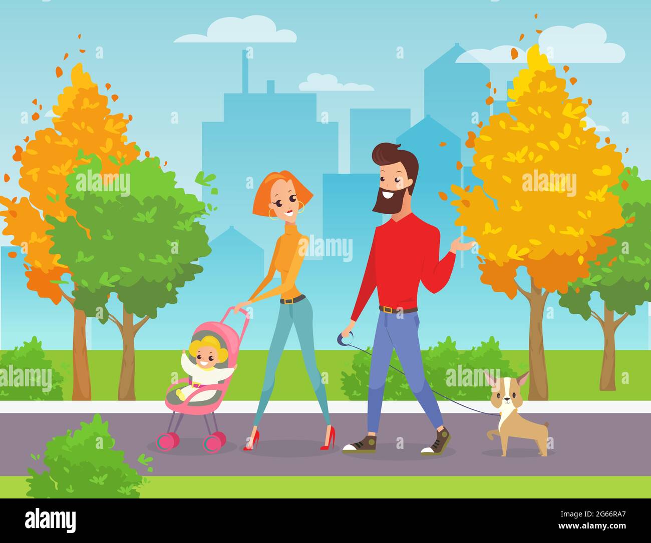 Illustrazione vettoriale di passeggiate in famiglia felice nel parco della città. Padre, madre, bambino e cane insieme all'aperto. Marito, moglie e bambino camminano nel parco cittadino Illustrazione Vettoriale