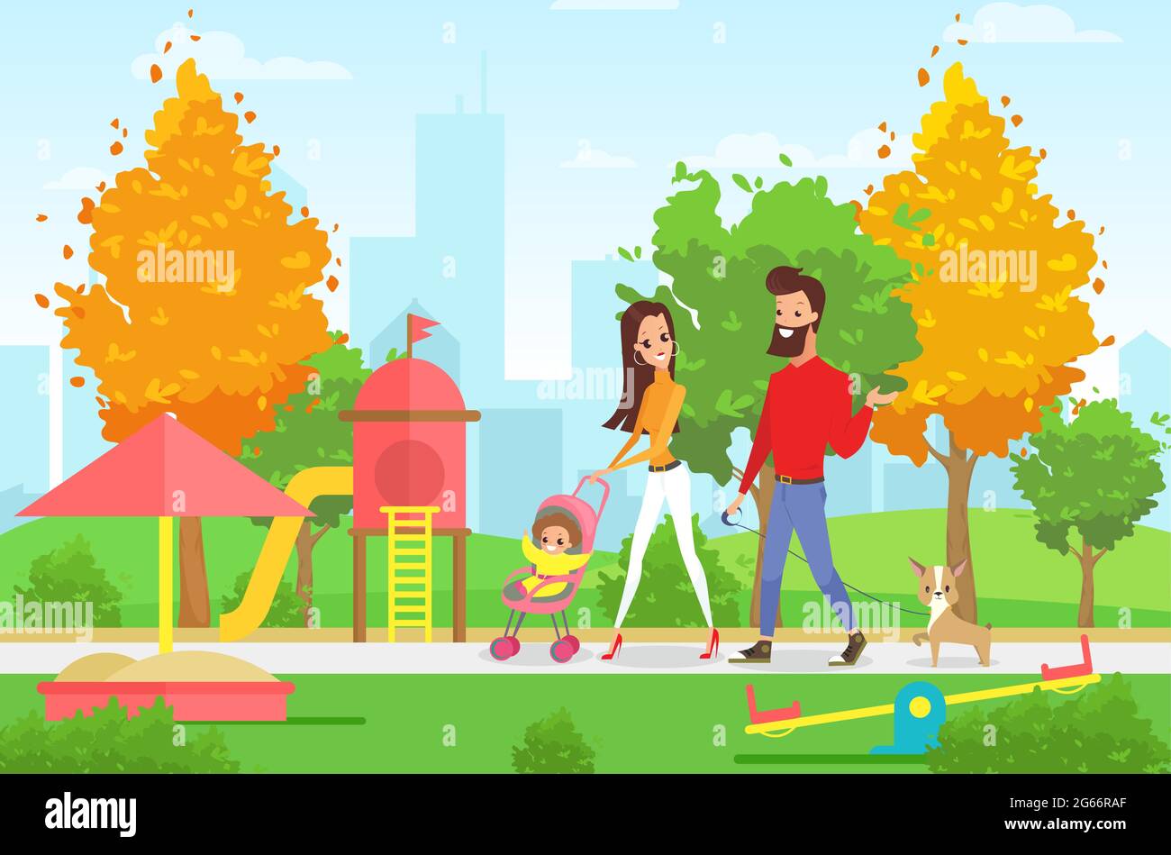 Illustrazione vettoriale della giovane famiglia con bambini e bambini a piedi nel parco con parco giochi all'aperto con moderno paesaggio urbano sfondo in piano cartoon Illustrazione Vettoriale