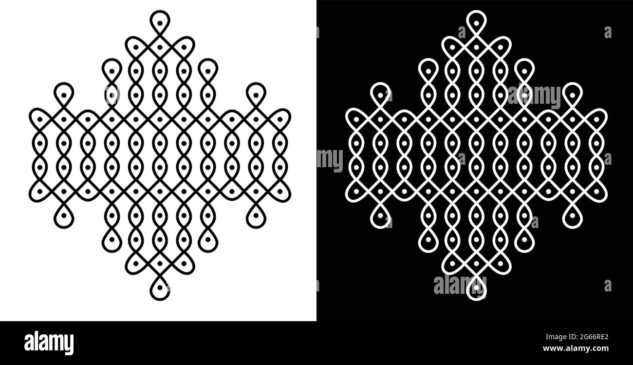 Rangoli tradizionale e culturale indiano o Kolam design concetto di linee curve e punti isolati su sfondo bianco e nero Illustrazione Vettoriale