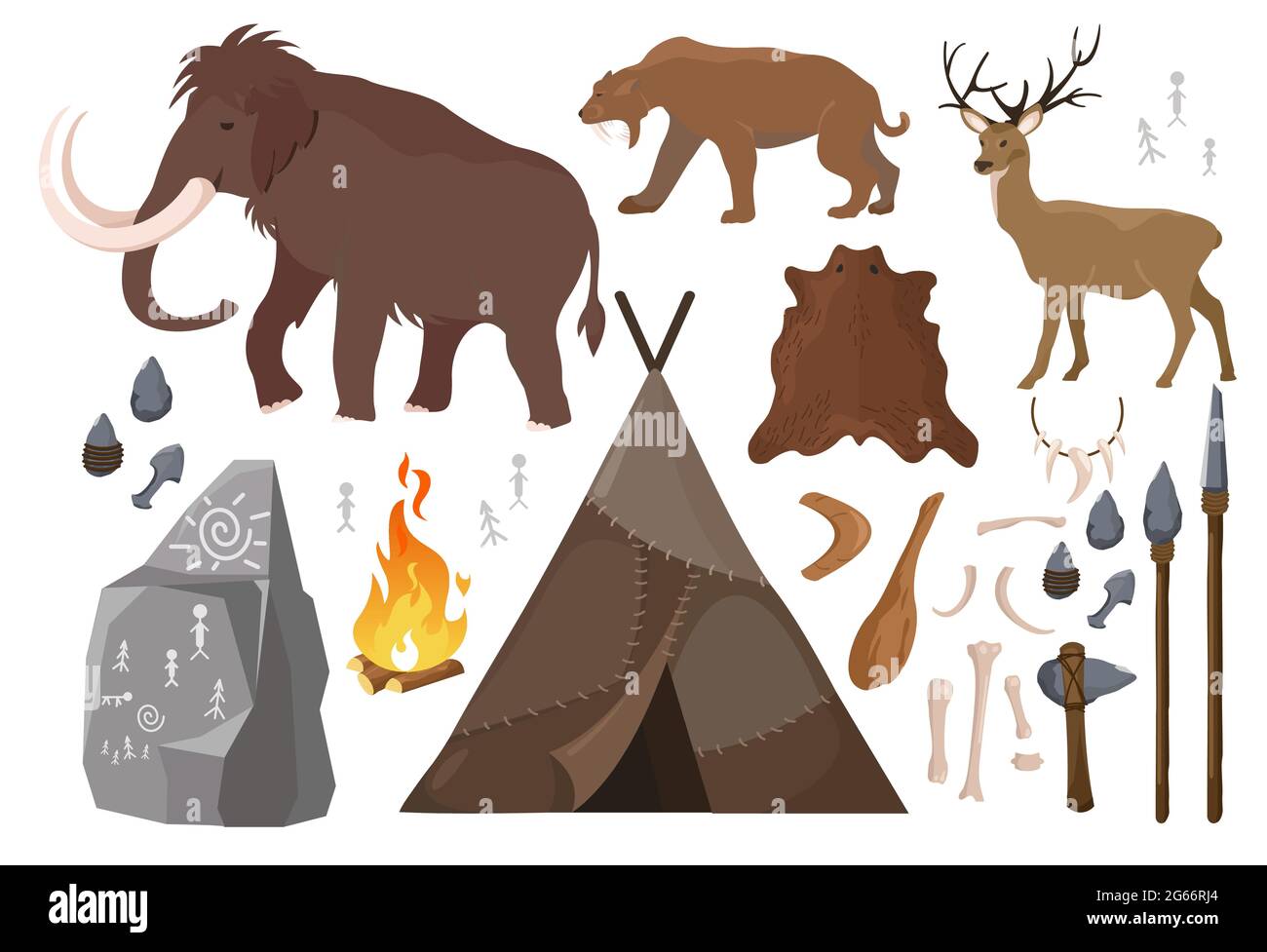 Illustrazione vettoriale di un insieme di elementi della vita delle persone in età sasso. Stile di vita dell'uomo primitivo, animali anicenti. Ice age. Raccolta primitiva di armi Illustrazione Vettoriale