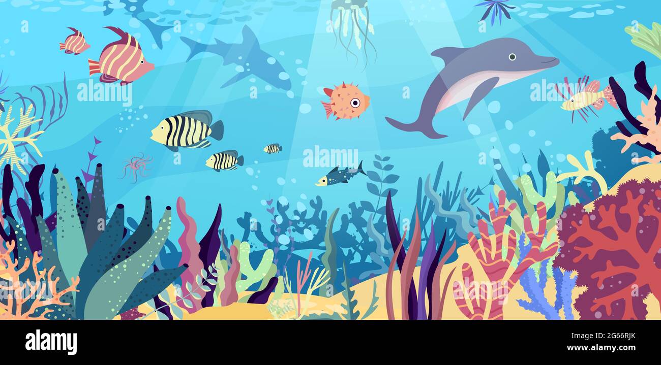 Mondo sottomarino nell'oceano. Barriera corallina, pesci, medusa, fauna sottomarina dei tropici. Illustrazione Vettoriale