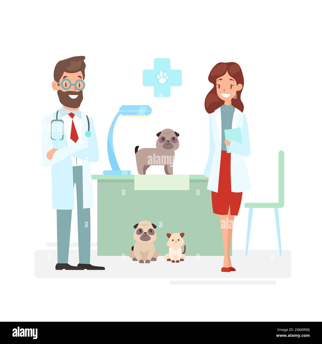Illustrazione vettoriale del personale dei veterinari con animali carini. Vet e dottori con cani e gatti. Concetto veterinario, cura degli animali, animali e. Illustrazione Vettoriale