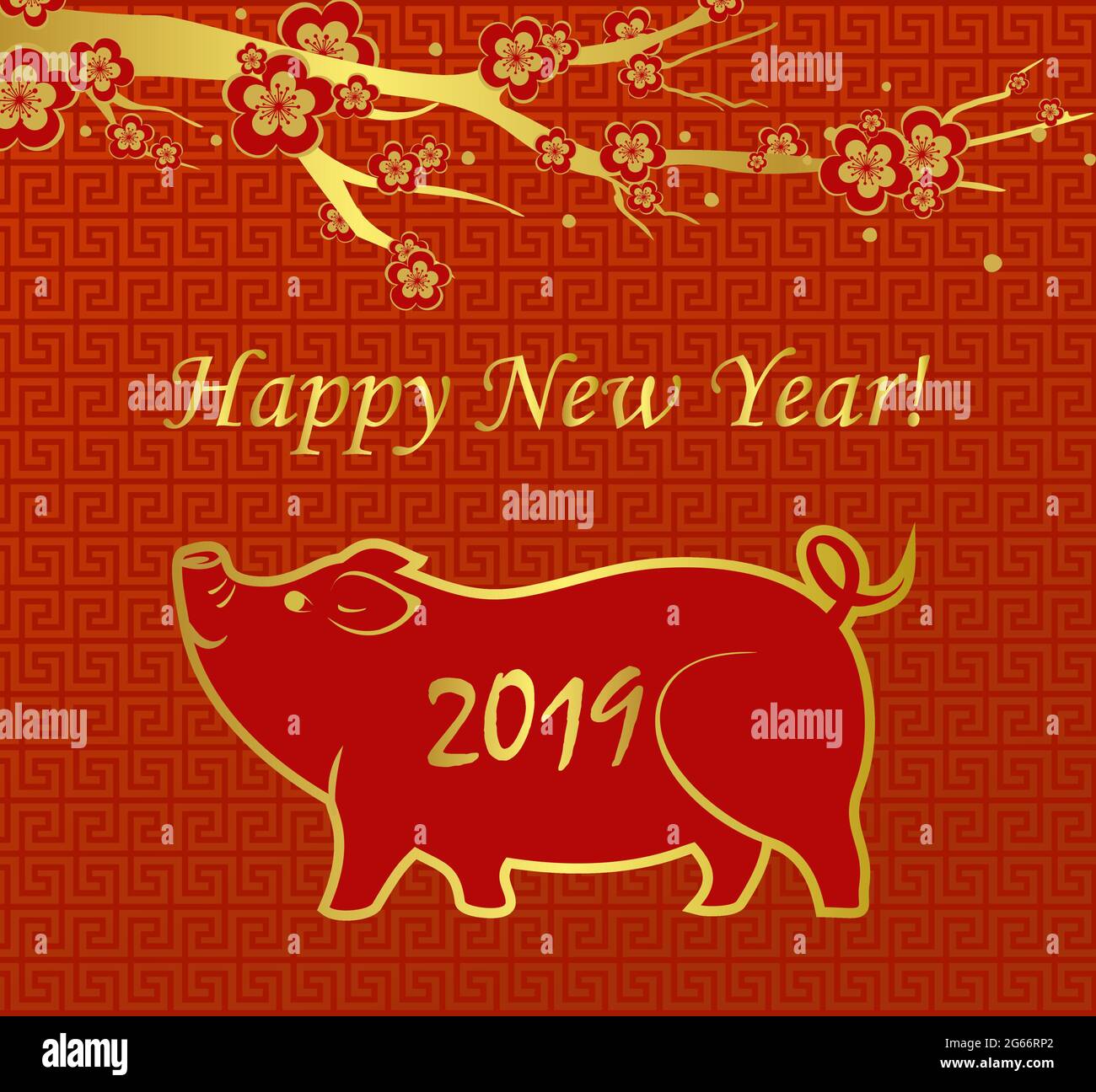 Immagine vettoriale del biglietto d'auguri cinese nuovo anno 2019 colore oro linea zodiaco maiale simbolo e fiori su sfondo rosso. Illustrazione Vettoriale