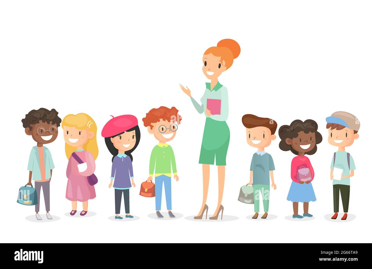 Illustrazione vettoriale del gruppo scolastico con insegnante in piedi insieme. Ragazzi e ragazze insieme con la donna insegnante su sfondo bianco in cartone animato Illustrazione Vettoriale
