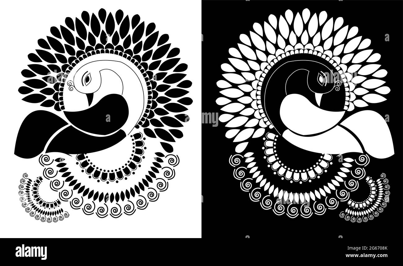 Splendidi pavoni con piume floreali isolati su sfondo bianco e nero - illustrazione vettoriale Illustrazione Vettoriale