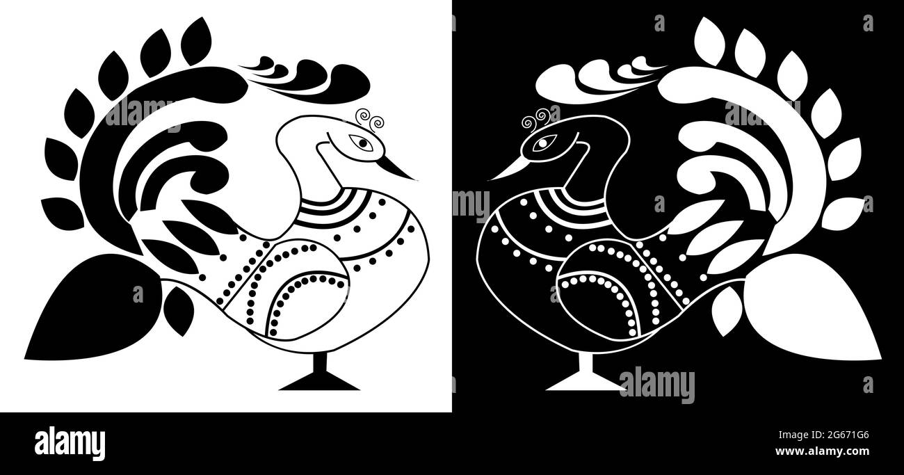 Splendidi pavoni con piume floreali isolati su sfondo bianco e nero - illustrazione vettoriale Illustrazione Vettoriale