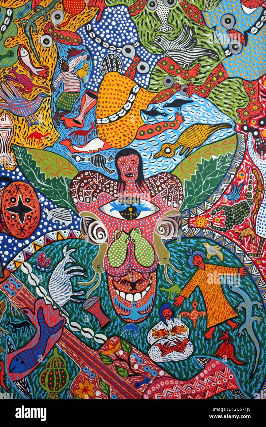 Stile colorato della pittura astratta popolare da artisti di Essaouira, Marocco Foto Stock