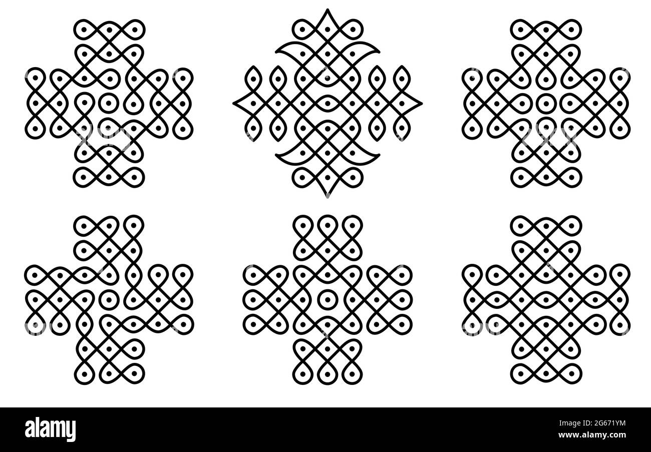 Rangoli tradizionale e culturale indiano o Kolam design concetto di linee curve e punti isolati su sfondo bianco e nero Illustrazione Vettoriale