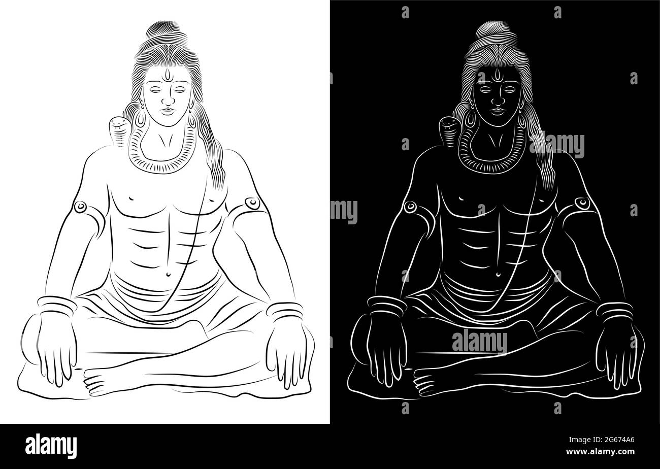 Arte digitale pittura astratta di Dio meditante indiano Shiva linea arte è isolato su sfondo bianco e nero - illustrazione vettoriale Illustrazione Vettoriale