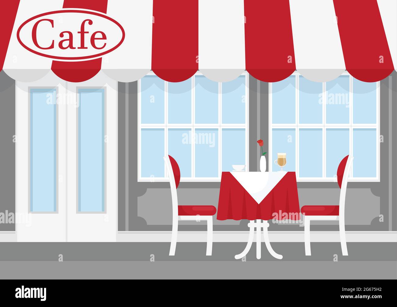 Illustrazione vettoriale del caffè di strada con tenda a strisce rosse e bianche, con tavolo, sedie e caffè. Caffè esterno del ristorante in cartoni animati piatti Illustrazione Vettoriale