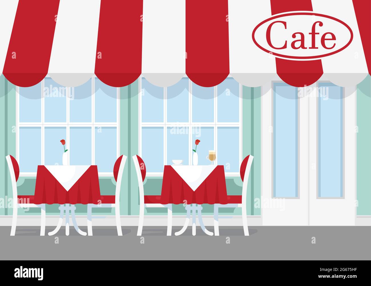 Illustrazione vettoriale di caffè o tavolo da ristorante con sedie, ombrellone in piedi fuori. Caffè esterno in stile piano cartoon. Illustrazione Vettoriale