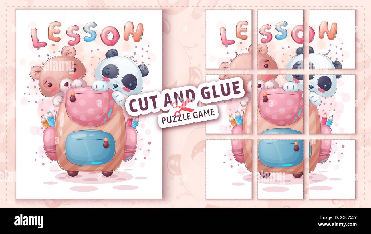 Maiale e panda con breve custodia, taglio e colla - gioco di puzzle. Illustrazione Vettoriale