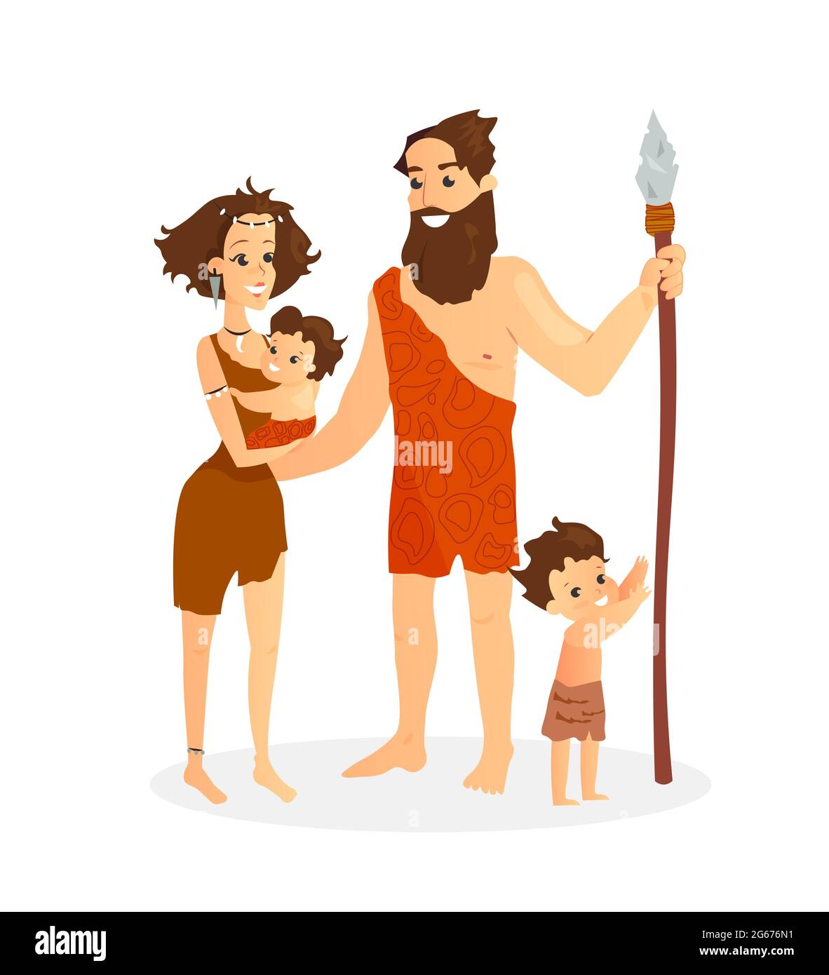 Illustrazione vettoriale della famiglia dei cavemen. Persone in età sasso, bella donna antica con bambino, uomo antico e ragazzo in piedi insieme, cartone animato in stile piatto Illustrazione Vettoriale