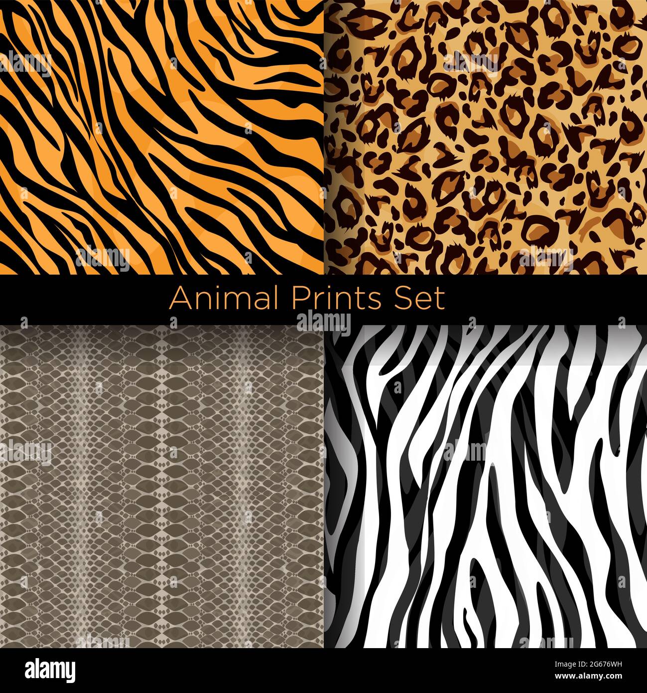 Illustrazione vettoriale insieme di modelli di pelle animale senza cuciture. Collezione di modelli Tiger, zebra, serpente e leopardo. Illustrazione Vettoriale