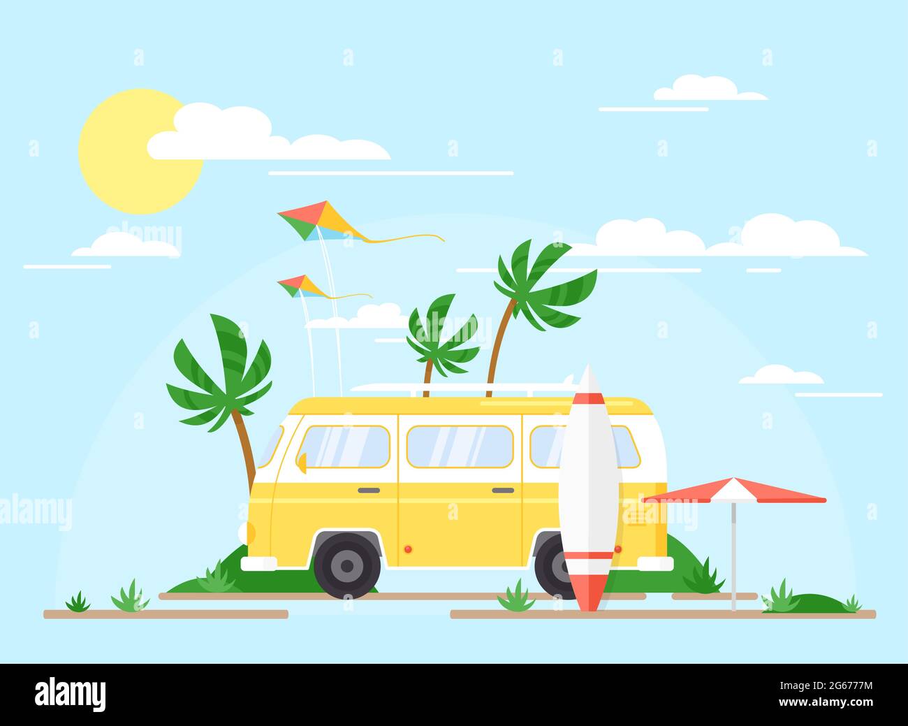 Illustrazione vettoriale del bus di surf sulla spiaggia di palme, concetto estivo. Trailer giallo d'epoca con surf board, concept di viaggio, estate. Illustrazione Vettoriale