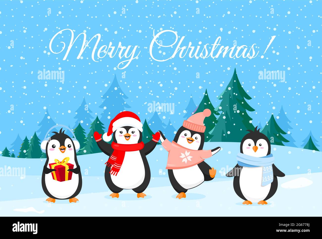 Illustrazione vettoriale dei pinguini carini nei vestiti di Natale. Banner delle vacanze invernali, auguri di buon Natale. Pinguini felici e divertenti in inverno Illustrazione Vettoriale