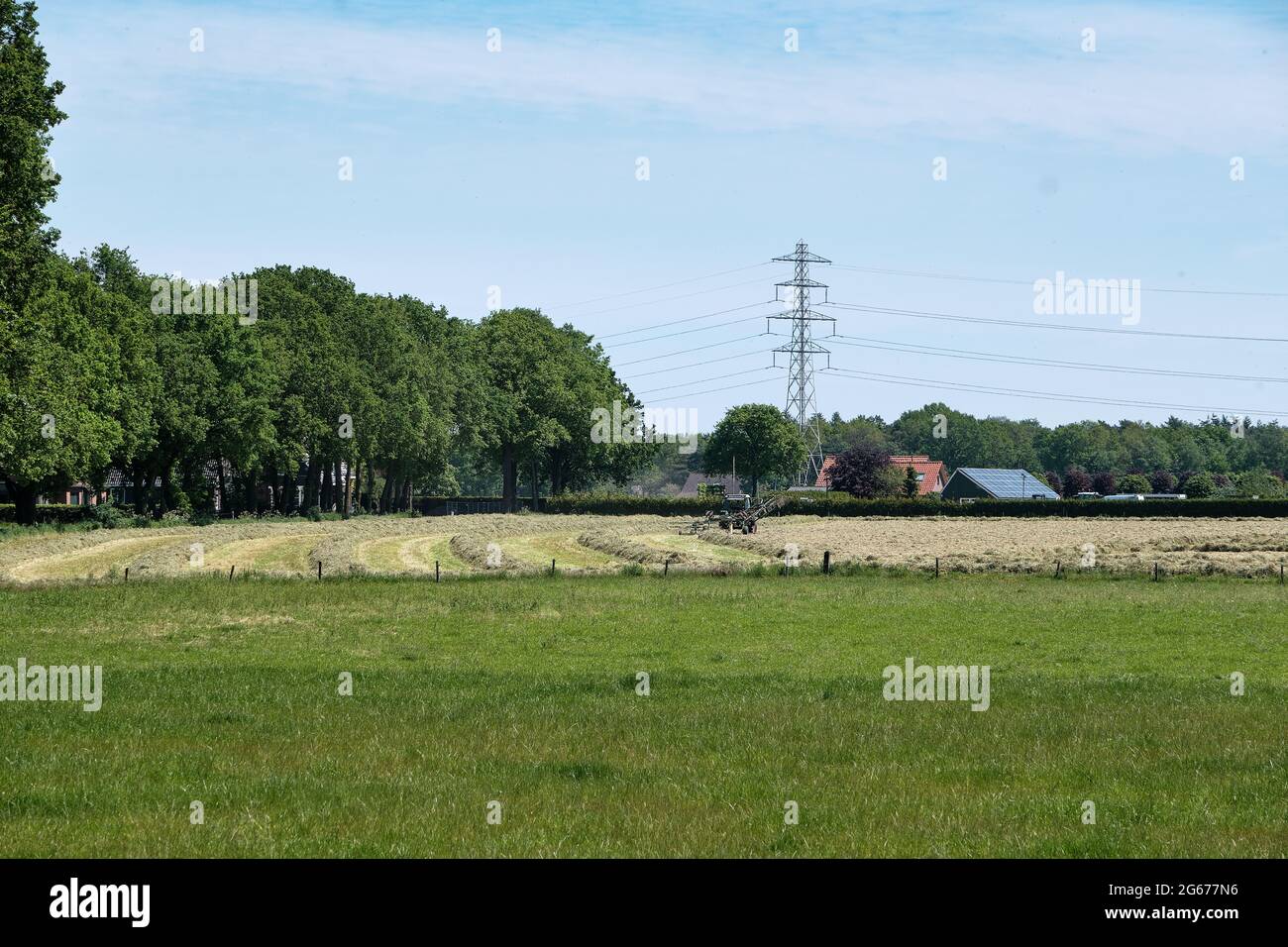 Dronten, Olanda giugno 1.2021:Grassland con trattore falciatrice e rastrello, erba pronta per essere invelata.agricoltori olandesi gara contro la pioggia per fieno, falciatura Foto Stock
