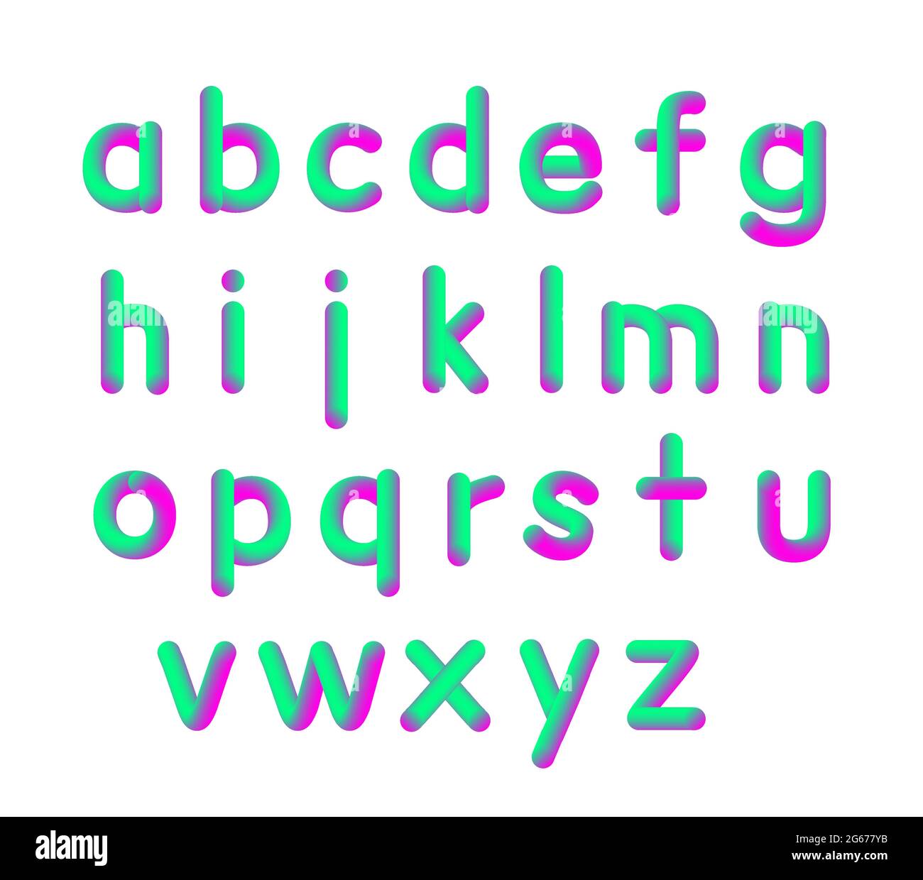 Illustrazione vettoriale di lettere piccole di carattere morbido e flessibile neon 3D. Alfabeto isolato su sfondo bianco colori viola opaco liquido e verde. Illustrazione Vettoriale