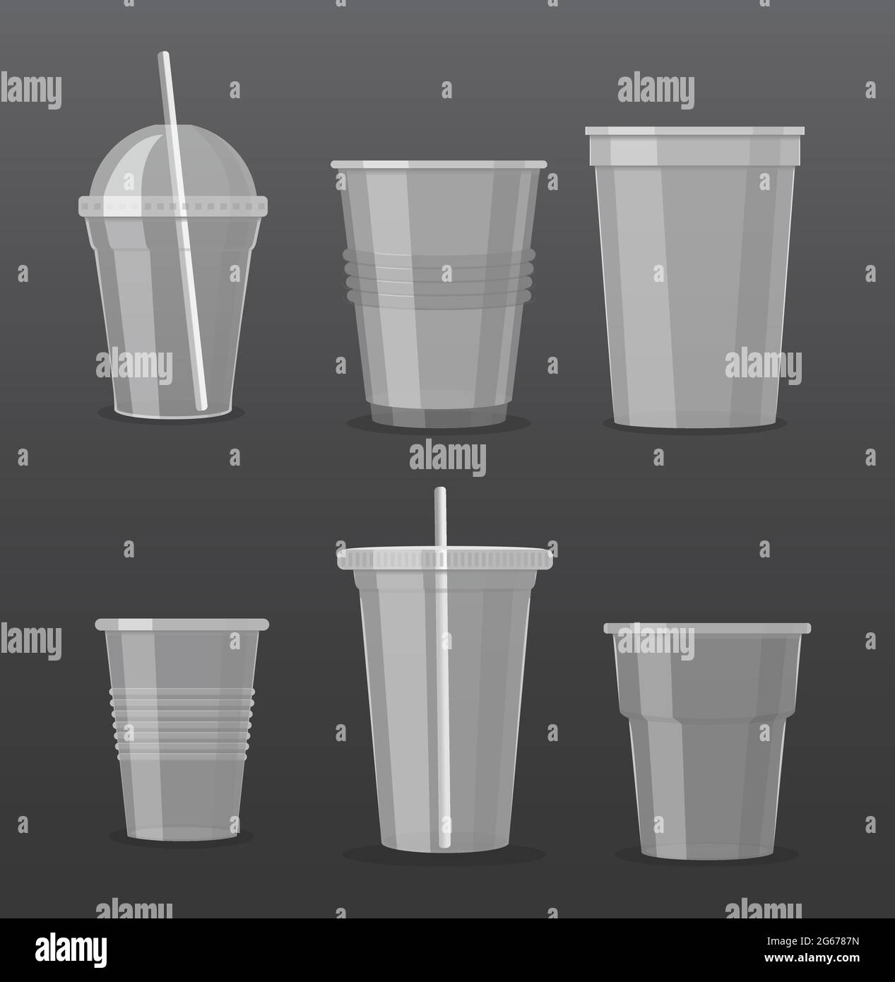 illustrazione vettoriale set di tazze monouso in plastica trasparente vuote isolate su sfondo grigio scuro. Collezione di bicchieri da bibita da asporto. Illustrazione Vettoriale
