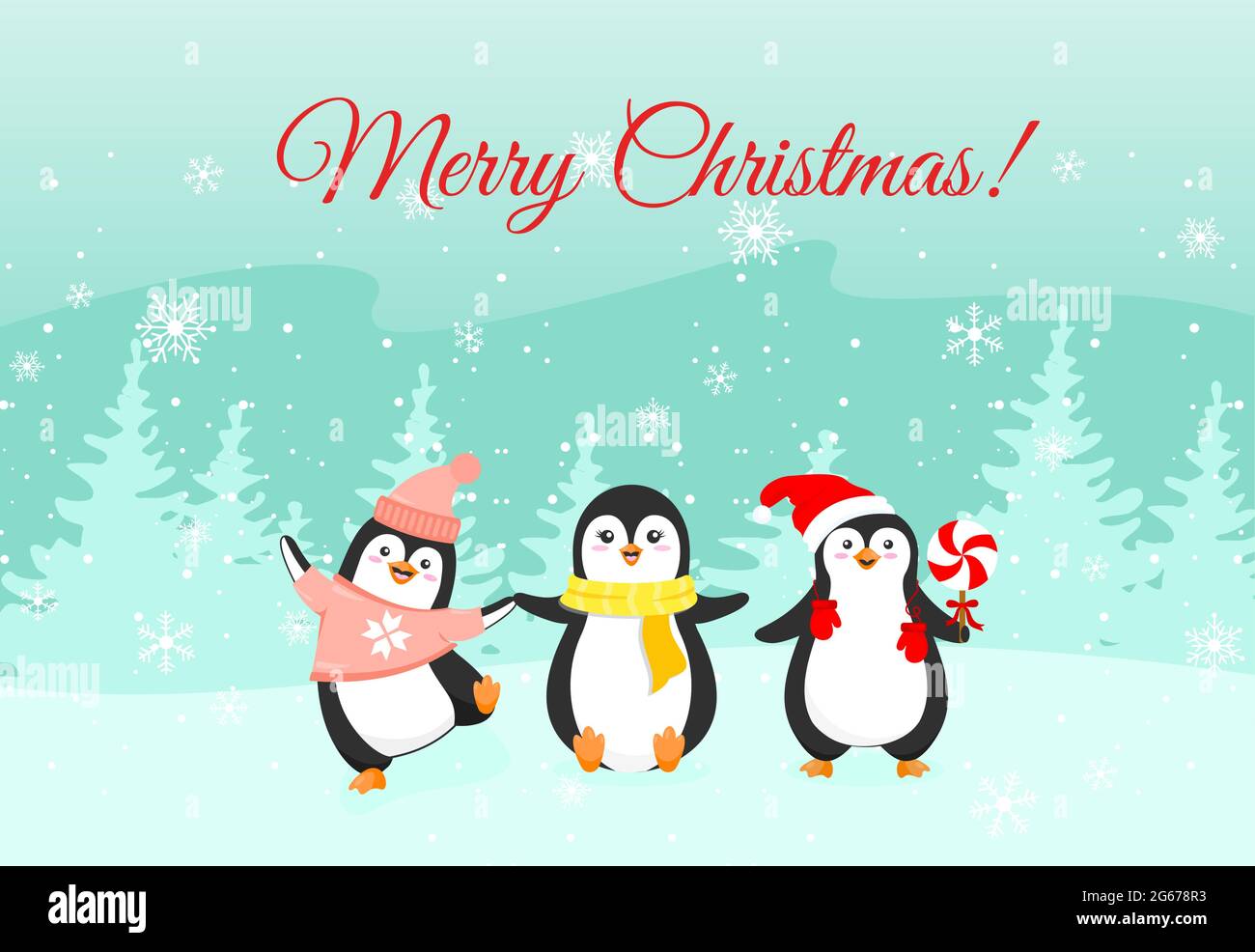Vettore illustrazione Natale pinguini divertenti su sfondo neve inverno. Concetto di biglietto d'auguri per le vacanze invernali con carini pinguini fumetti in appartamento Illustrazione Vettoriale