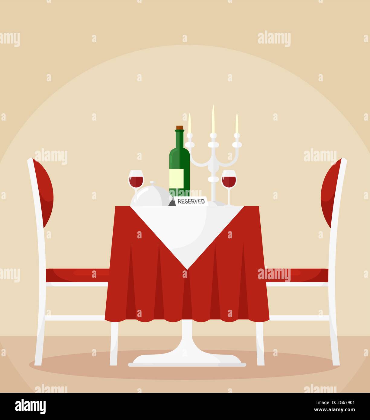 Illustrazione vettoriale di tavolo da pranzo riservato e sedie per due persone con bottiglia di vino, bicchieri, candele. Cena romantica in cartoni animati piatti Illustrazione Vettoriale