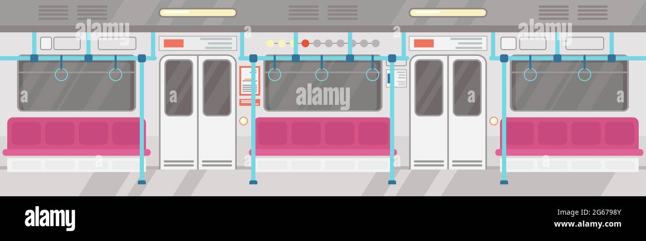 Illustrazione vettoriale di vuoto di interni della metropolitana moderna. Concetto di trasporto pubblico cittadino, interno del tram sotterraneo con sedili colorati in cartoni animati piatti Illustrazione Vettoriale