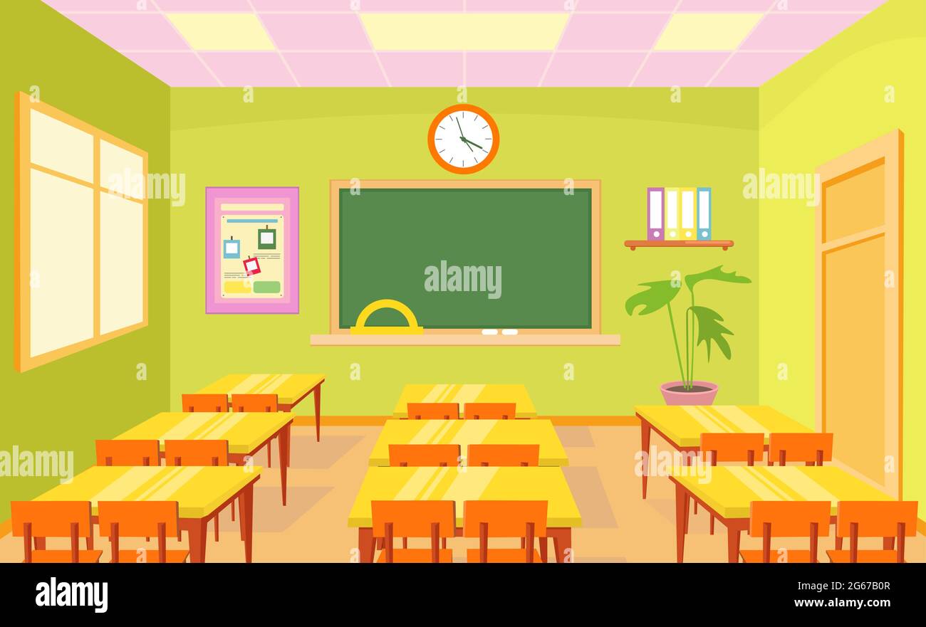 Illustrazione vettoriale degli interni vuoti della classe scolastica in colori pastello luminosi con tavolo e scrivanie per bambini in stile piano cartoon. Illustrazione Vettoriale