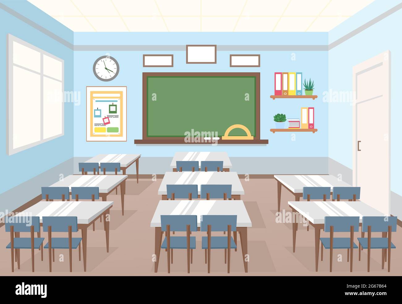 Illustrazione vettoriale della classe scolastica. Vuoto interno della classe con tavolo e scrivanie per bambini in stile cartoon piano. Illustrazione Vettoriale