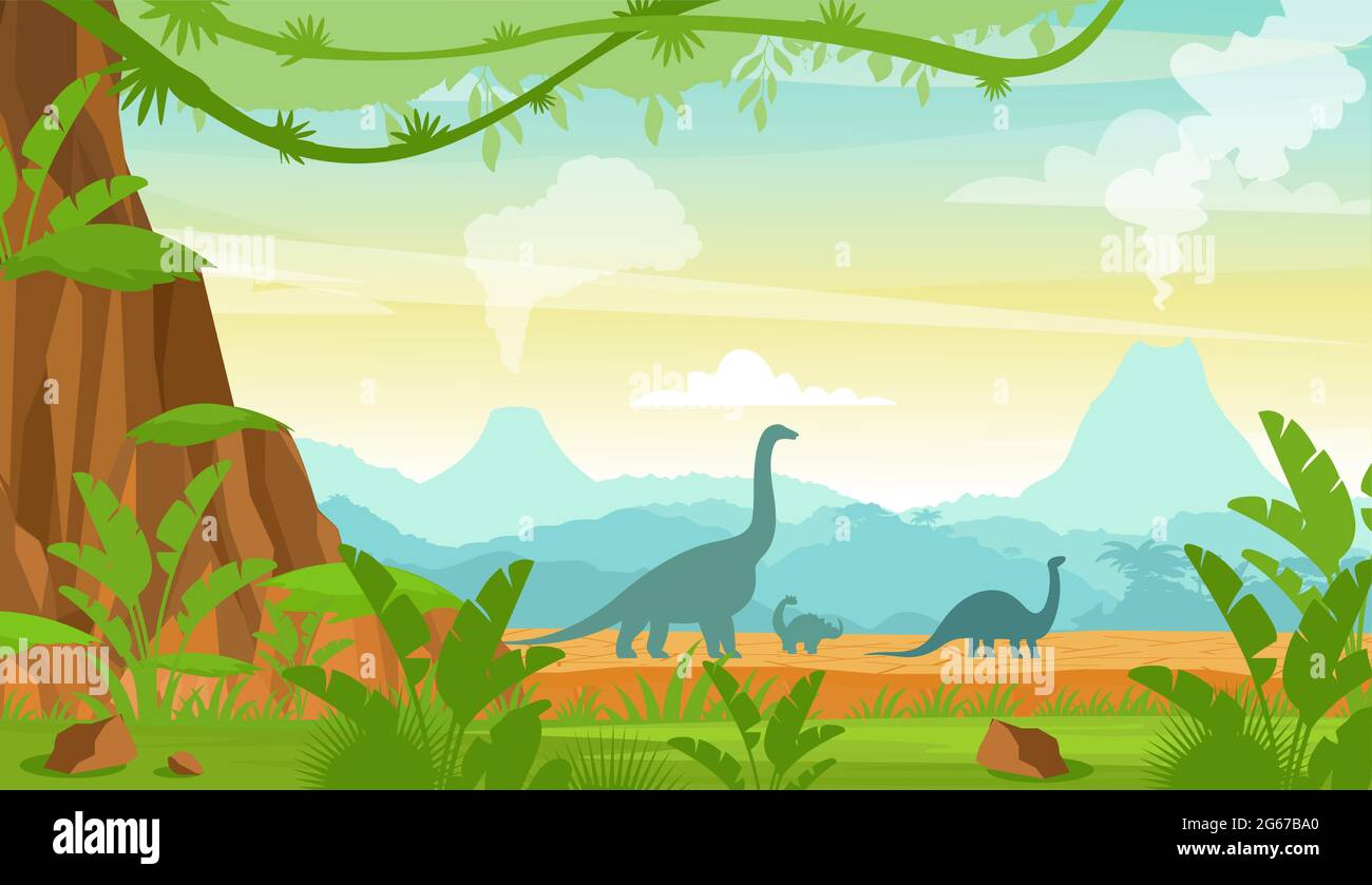 Illustrazione vettoriale della silhouette dei dinosauri nel paesaggio del periodo Jurassico con montagne, vulcano e piante tropicali in stile cartoon piano. Illustrazione Vettoriale