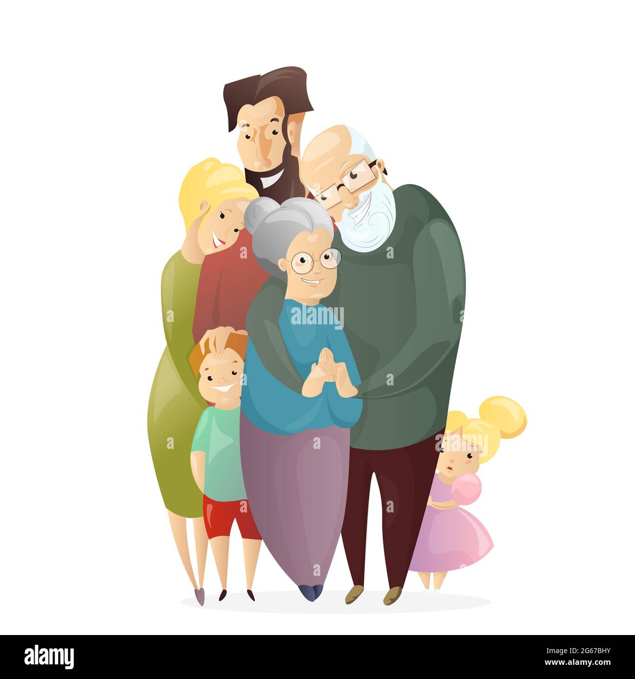 Illustrazione vettoriale della famiglia felice. Padre, madre, nonno, nonna, figlio e figlia in piedi insieme e abbracciare in uno stile piano cartone animato. Completo Illustrazione Vettoriale