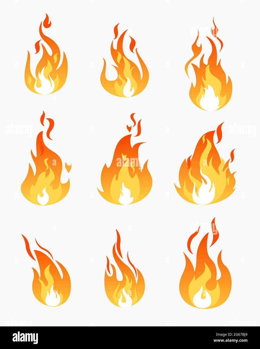 Illustrazione vettoriale insieme di icone di fiamme fuoco su sfondo bianco. Collezione di fiamme in forme diverse in stile piatto. Illustrazione Vettoriale