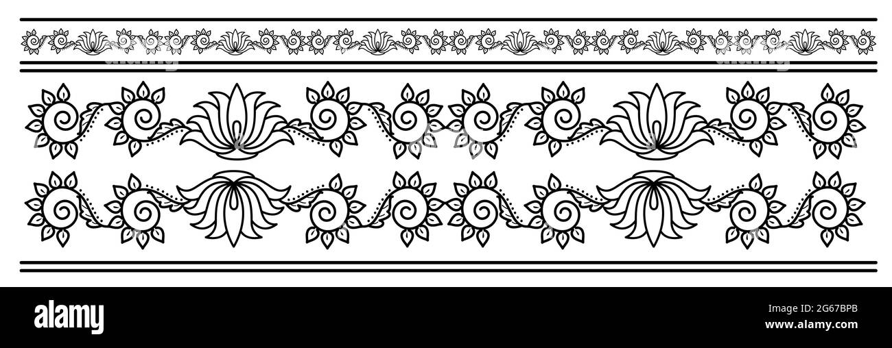 Il tradizionale design indiano del bordo Saree con arte floreale isolata su sfondo bianco è in un motivo senza cuciture Illustrazione Vettoriale