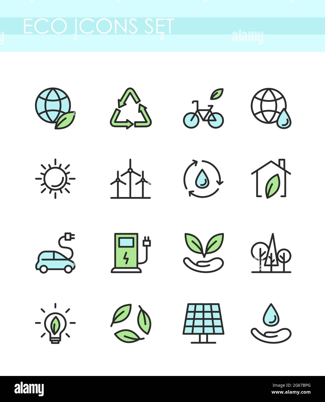 Illustrazione vettoriale insieme di icone ecologiche. Concetto di ecologia, tecnologia verde, biologico, stile di vita sano, energia alternativa, elettrocar. Illustrazione Vettoriale