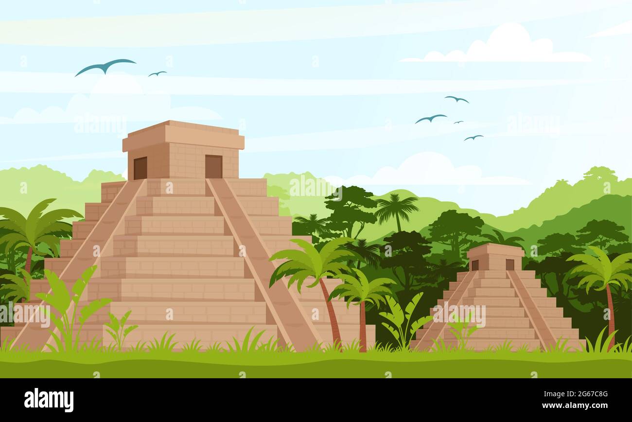 Illustrazione vettoriale di antiche piramidi Maya nella giungla di giorno in stile cartoon piano. Illustrazione Vettoriale
